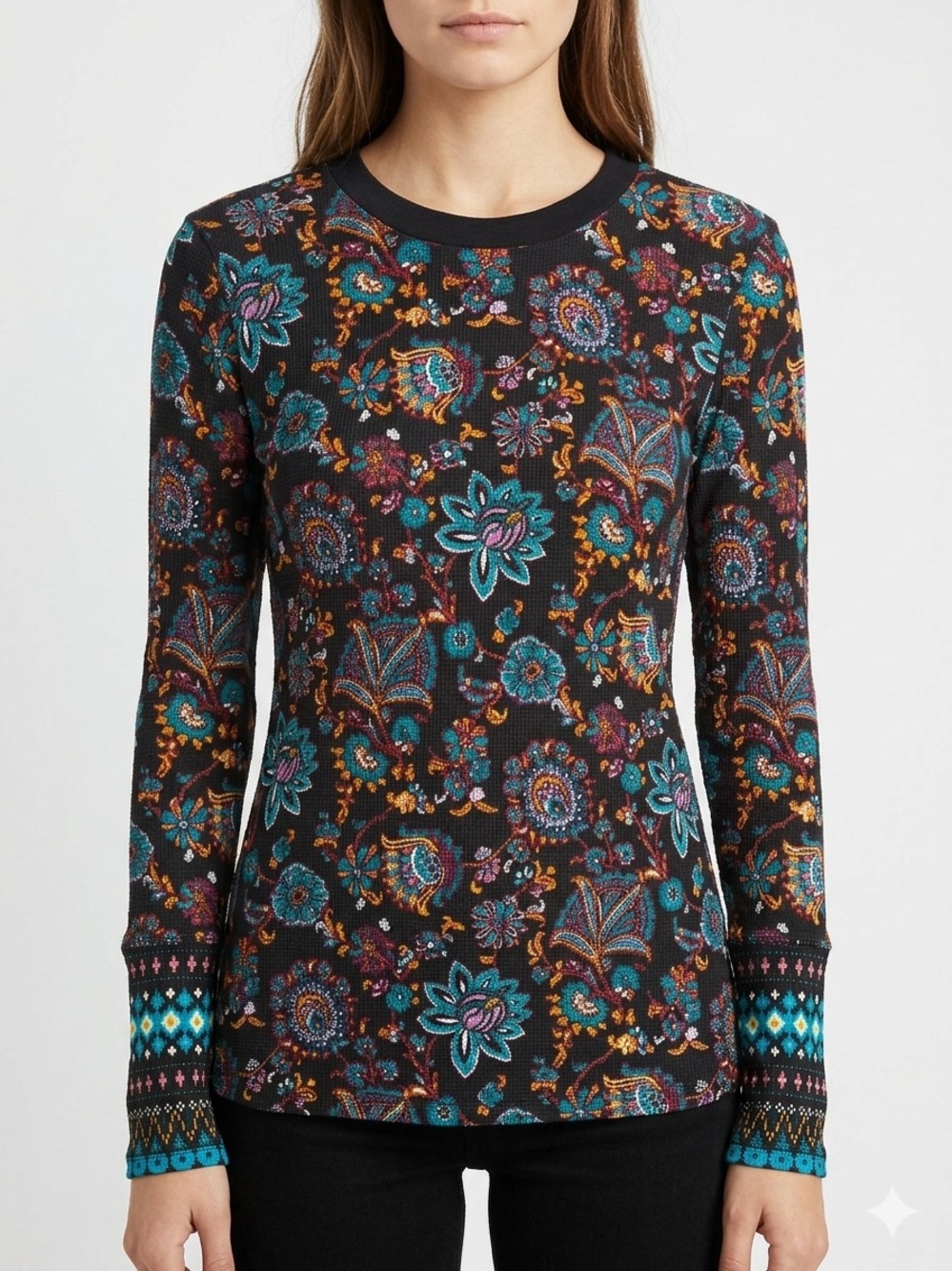 Sundance Floral Paisley Waffle Knit Thermal Top M Boho Chic